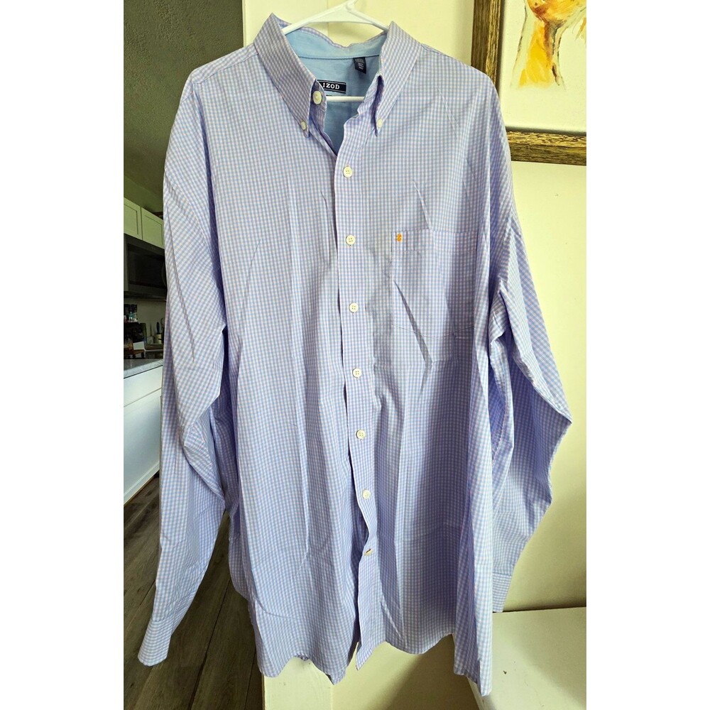 IZOD Non-Iron Stretch 2XLT Big & Tall Blue/Pink Gingham Button-Down 34/35